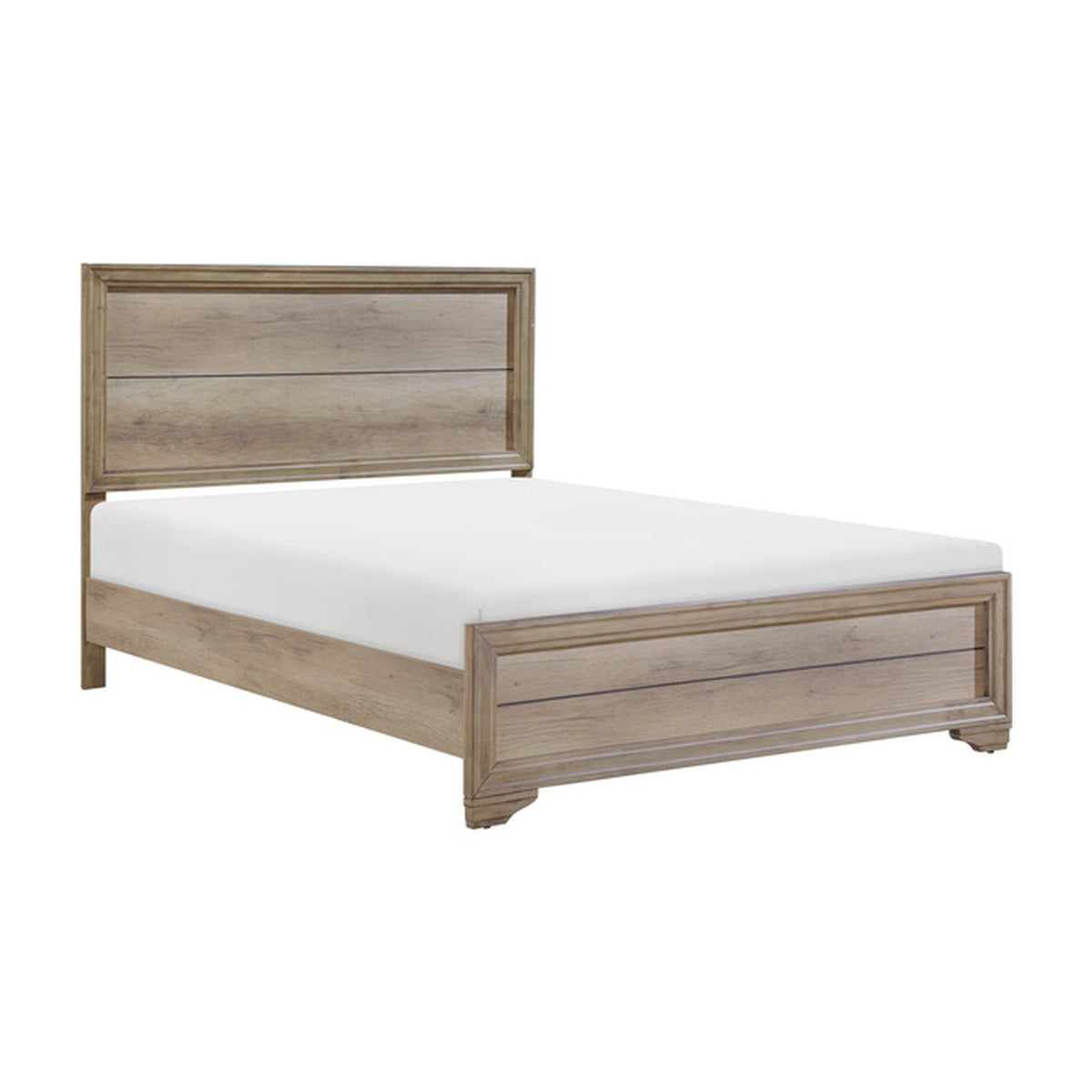 Havenwood natural wood-look queen panel bed from an angled view