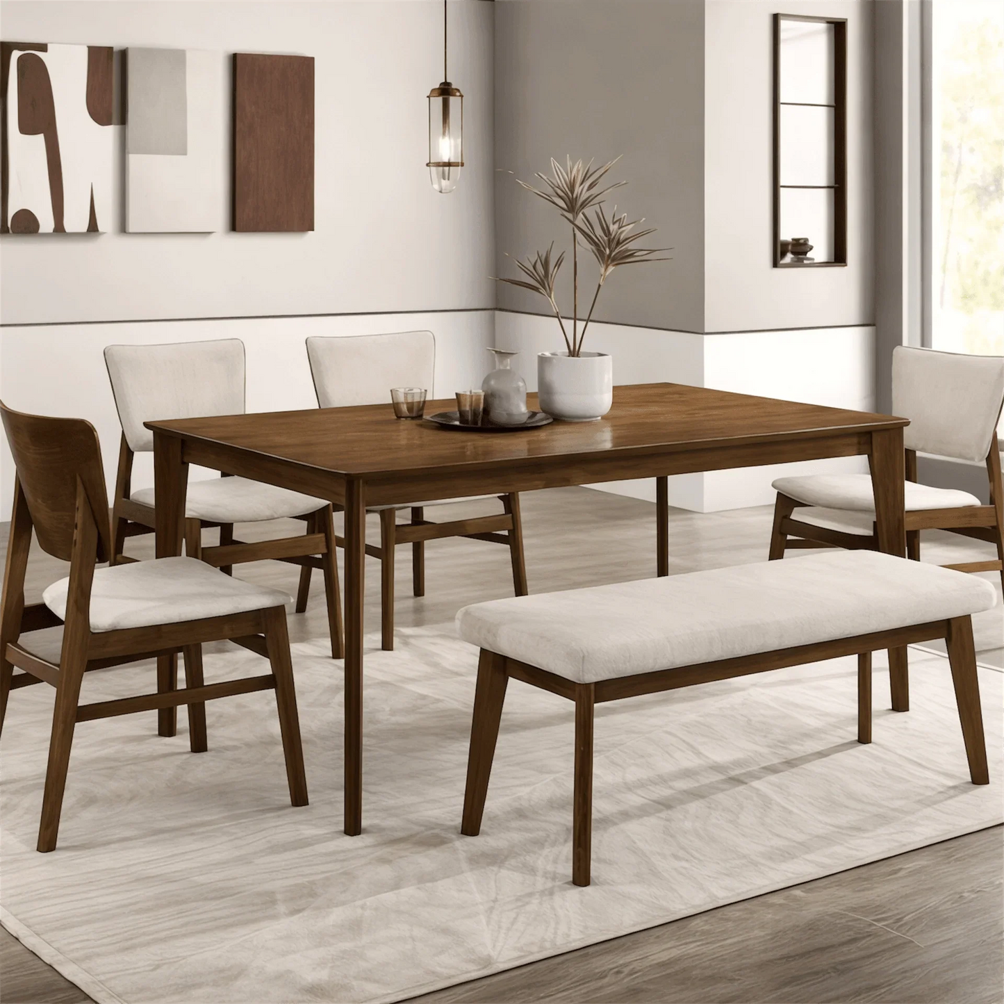 Hudson Walnut 6 - Piece Dining Set with Bench – Upholstered Chairs - George's Furniture