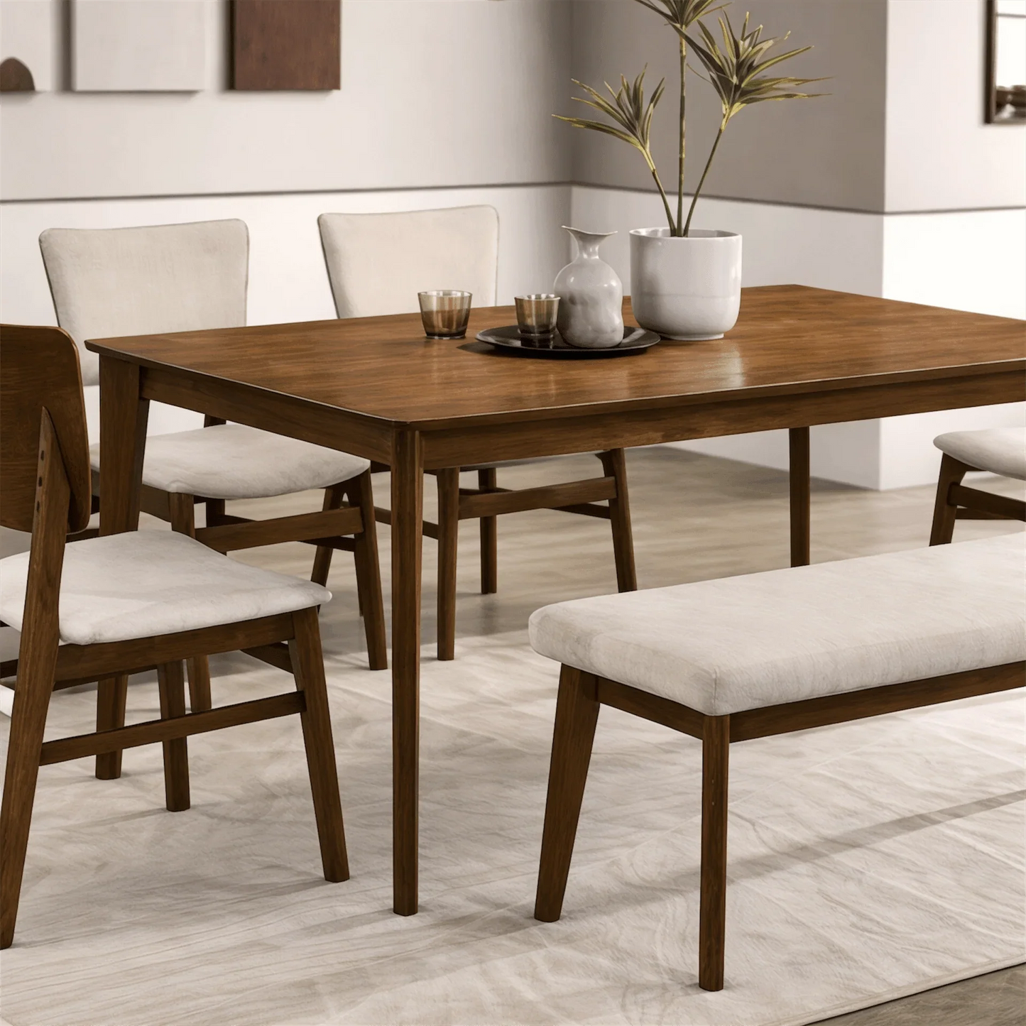Hudson Walnut 6 - Piece Dining Set with Bench – Upholstered Chairs - George's Furniture
