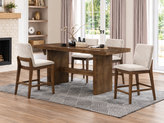 Kody 79 inch counter height dining set in dark walnut with Cream upholstered counter chairs