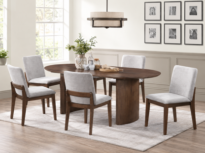 Kody 79 inch oval dining set in dark walnut with light upholstered chairs
