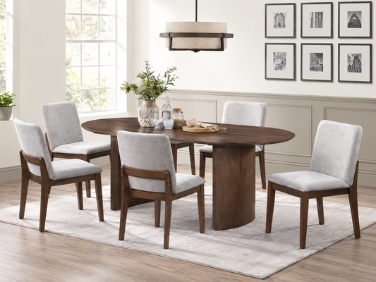 Kody 79 inch oval dining set in dark walnut with light upholstered chairs