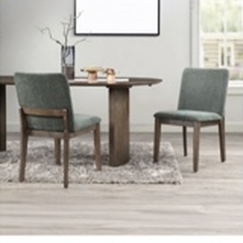 Kody 79 inch oval dining set in dark walnut with Forest Green upholstered dining chairs