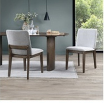 Kody 79 inch oval dining set in dark walnut with Stone Gray upholstered dining chairs