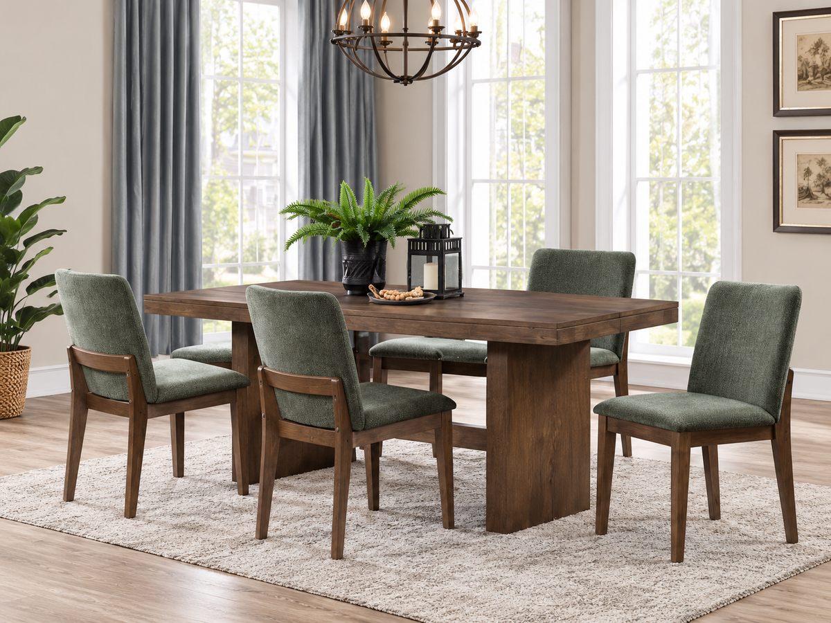 Kody 79 inch rectangle dining set in dark walnut with Forest Green upholstered chairs