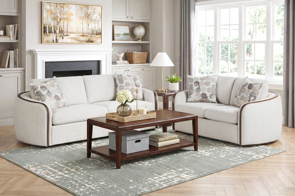 Linden Beige Chenille Living Room Set with Walnut Frame