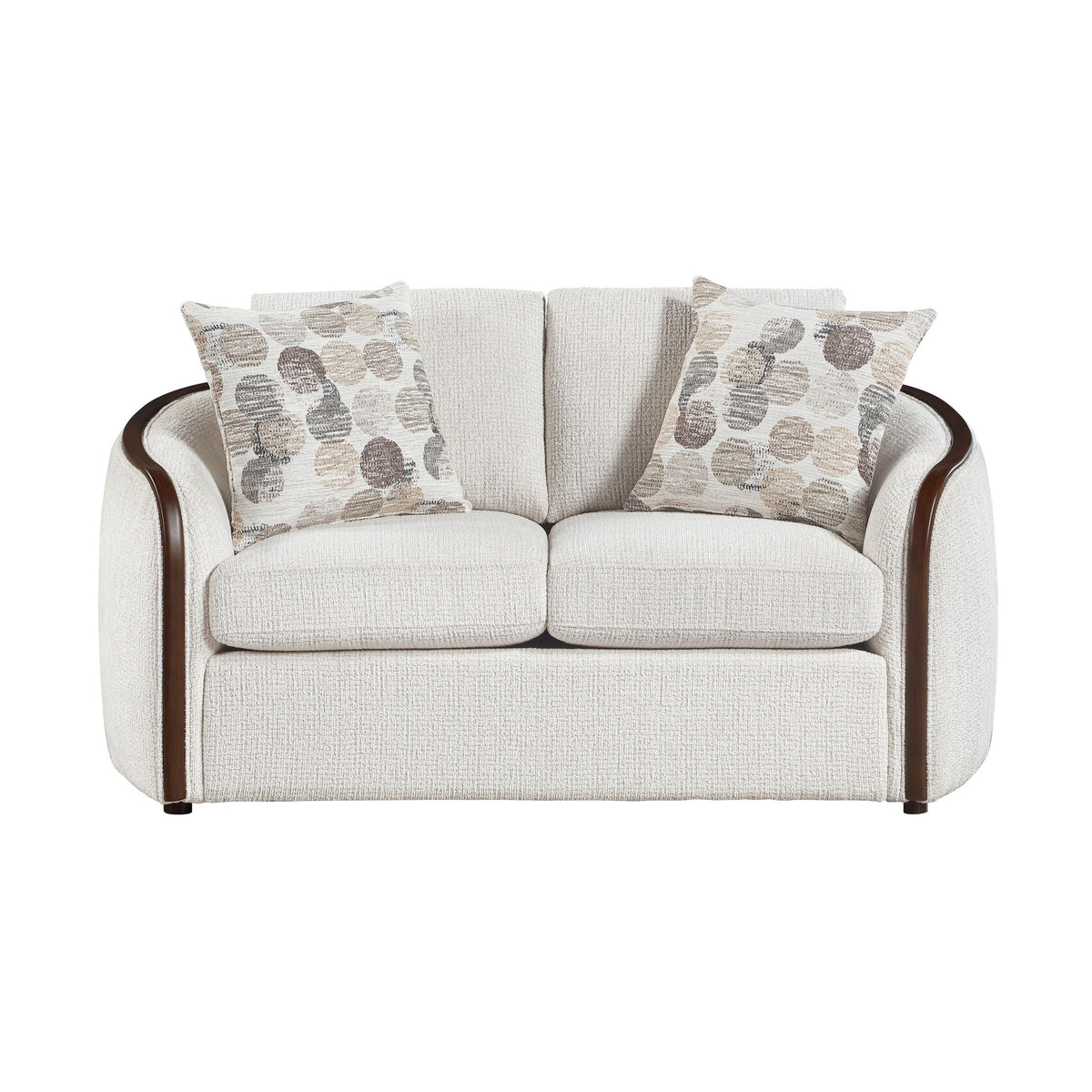 Loom beige chenille loveseat front view with walnut frame