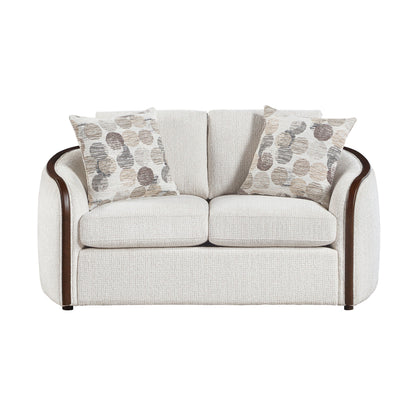 Loom beige chenille loveseat front view with walnut frame