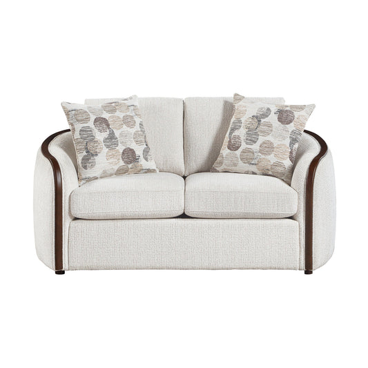 Loom beige chenille loveseat front view with walnut frame
