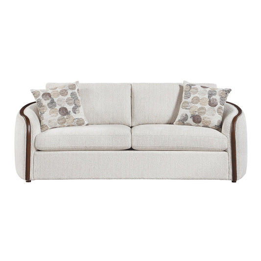 Loom beige chenille sofa front view with walnut frame