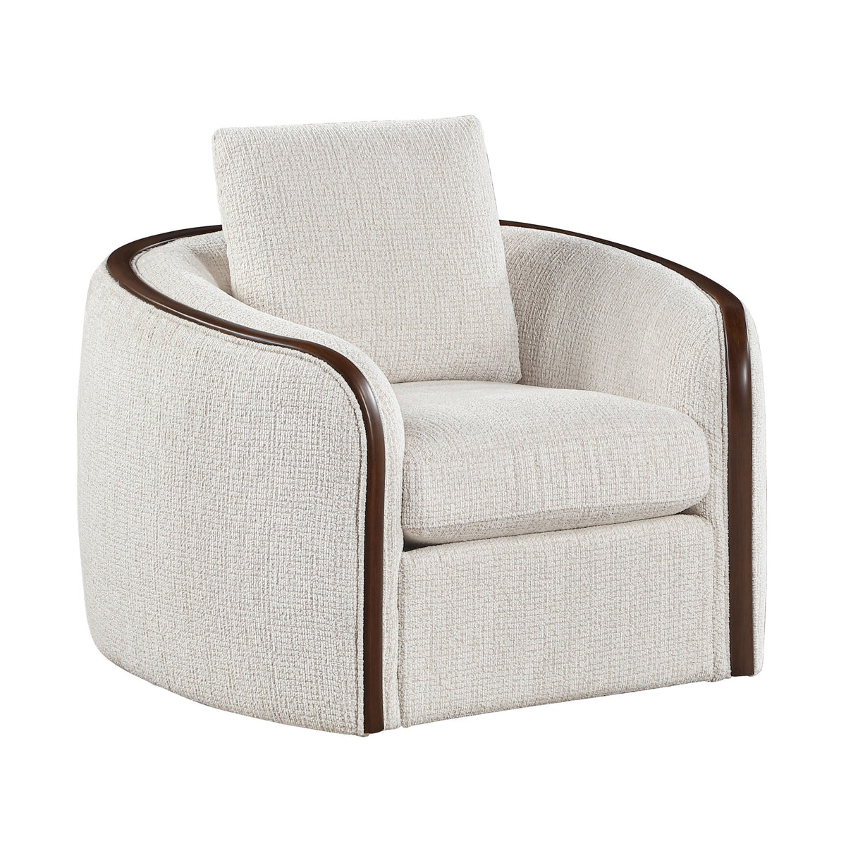 Loom beige chenille swivel chair angled view