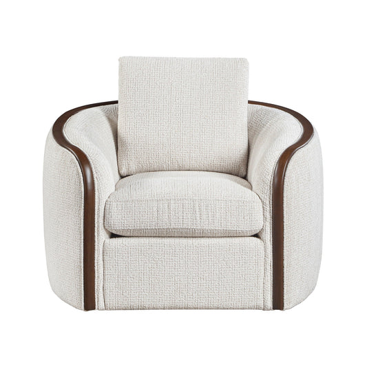 Loom beige chenille swivel chair front view with walnut frame