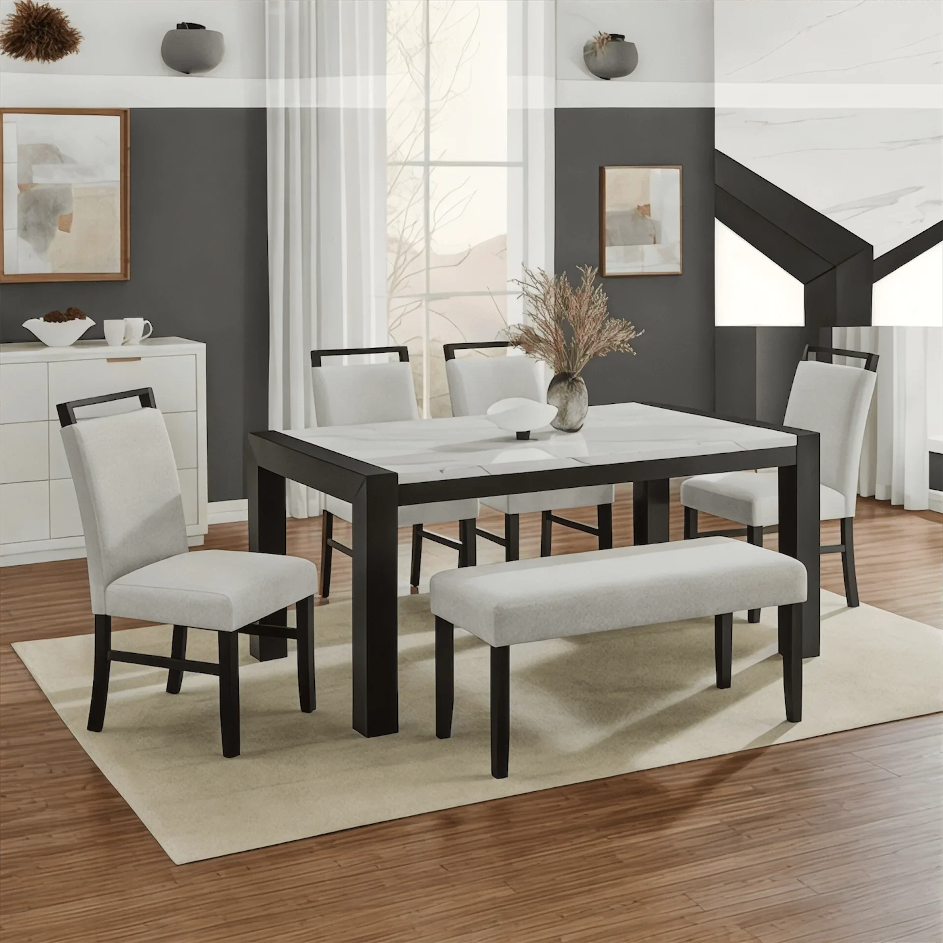 Luna Black & White 6 - Piece Dining Set with Bench – Marble Look Table & Upholstered Chairs - George's Furniture