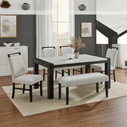 Luna Black & White 6 - Piece Dining Set with Bench – Marble Look Table & Upholstered Chairs - George's Furniture