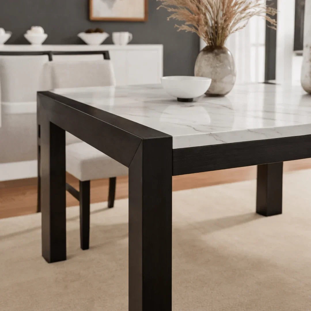 Luna Black & White 6 - Piece Dining Set with Bench – Marble Look Table & Upholstered Chairs - George's Furniture