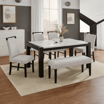 Luna Black & White 6 - Piece Dining Set with Bench – Marble Look Table & Upholstered Chairs - George's Furniture