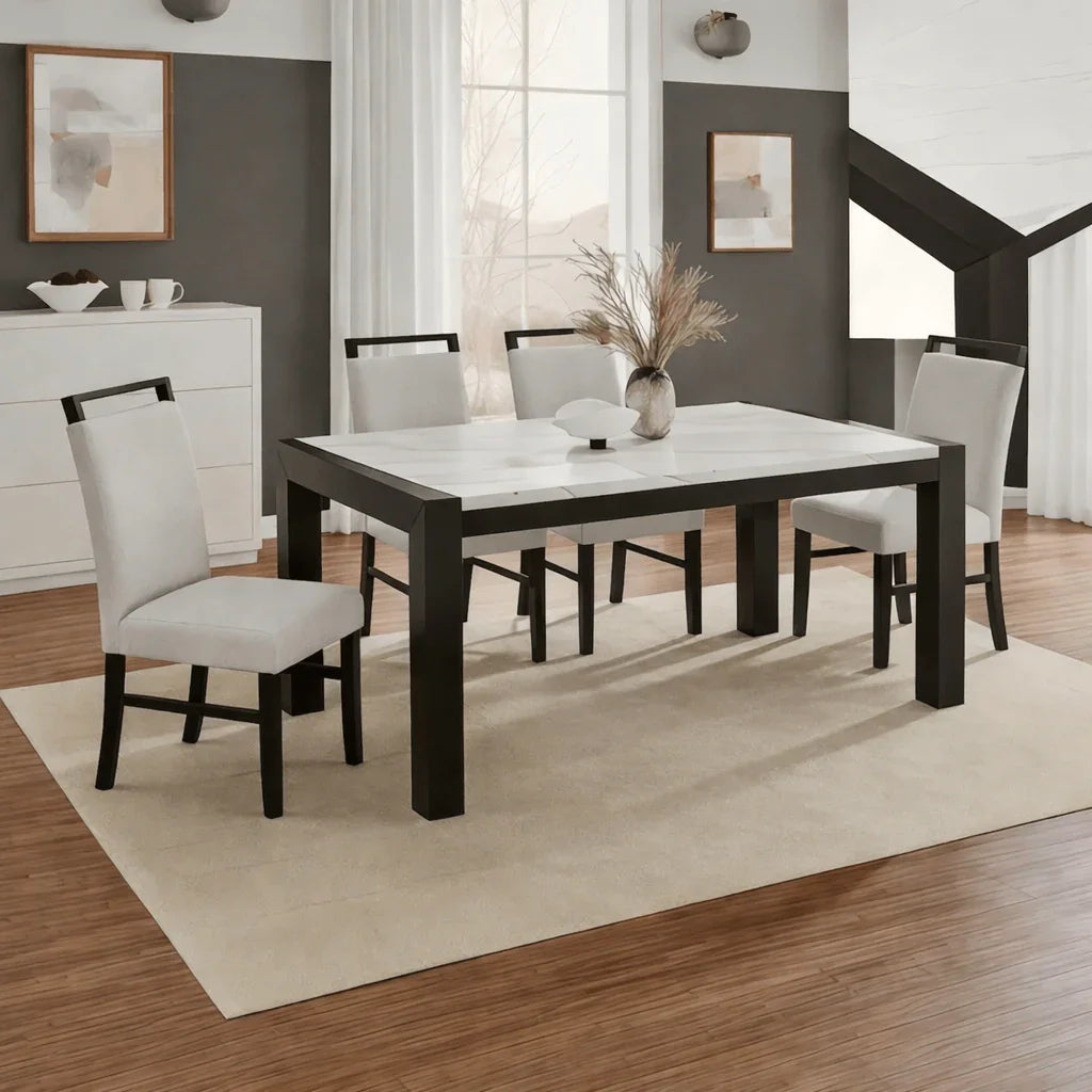 Luna Black & White 6 - Piece Dining Set with Bench – Marble Look Table & Upholstered Chairs - George's Furniture