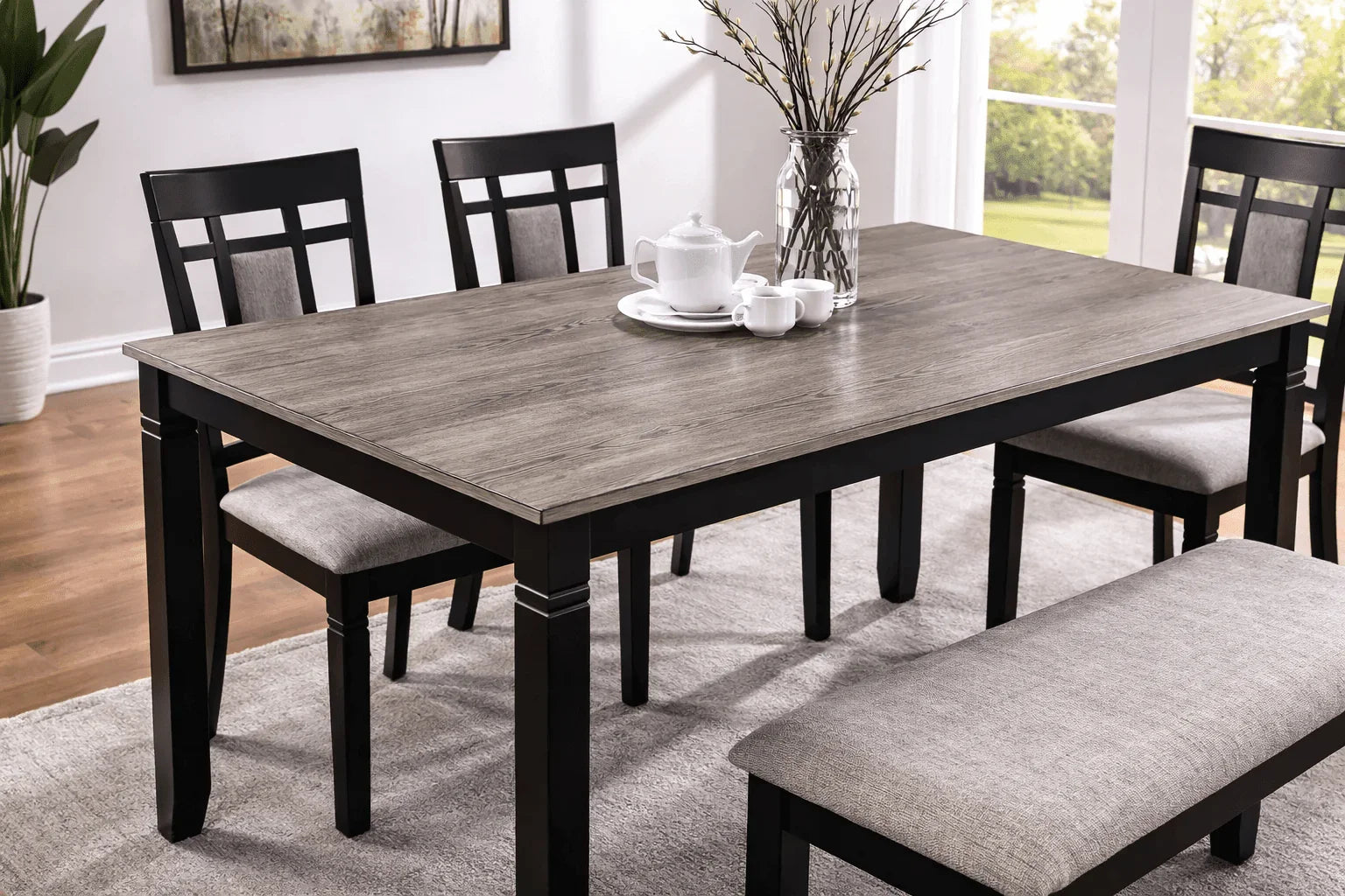 Madison Black & Walnut 6 - Piece Dining Set with Bench – Modern Wood Table & Upholstered Chairs - George's Furniture