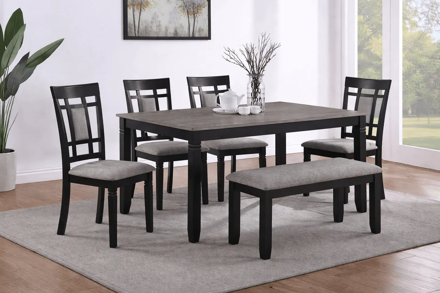 Madison Black & Walnut 6 - Piece Dining Set with Bench – Modern Wood Table & Upholstered Chairs - George's Furniture