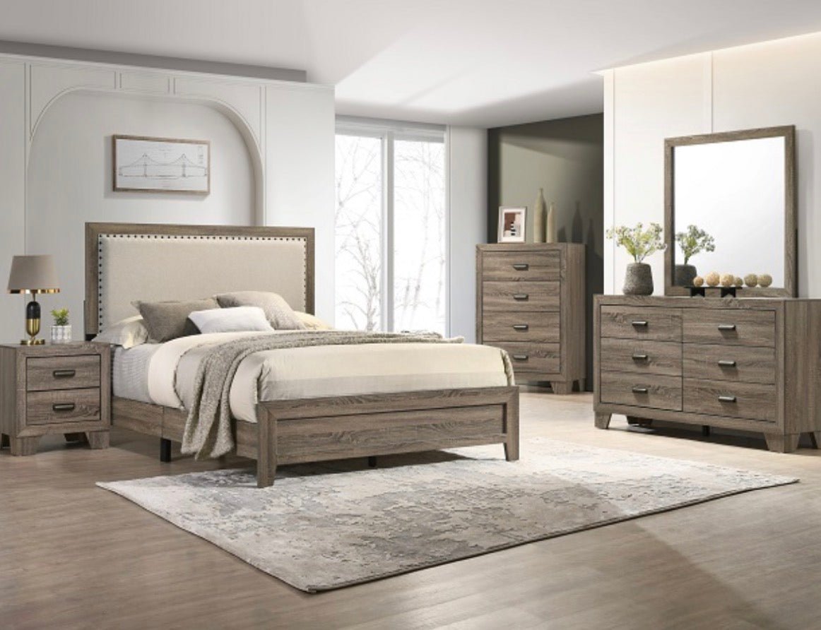 Millie 4 - Piece Bedroom Set – Upholstered Bed, Nightstand, Dresser & Mirror | Brown Cherry & Gray - George's Furniture
