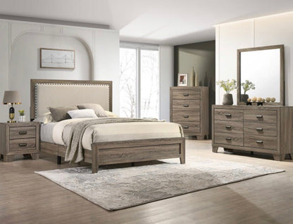 Millie 4 - Piece Bedroom Set – Upholstered Bed, Nightstand, Dresser & Mirror | Brown Cherry & Gray - George's Furniture