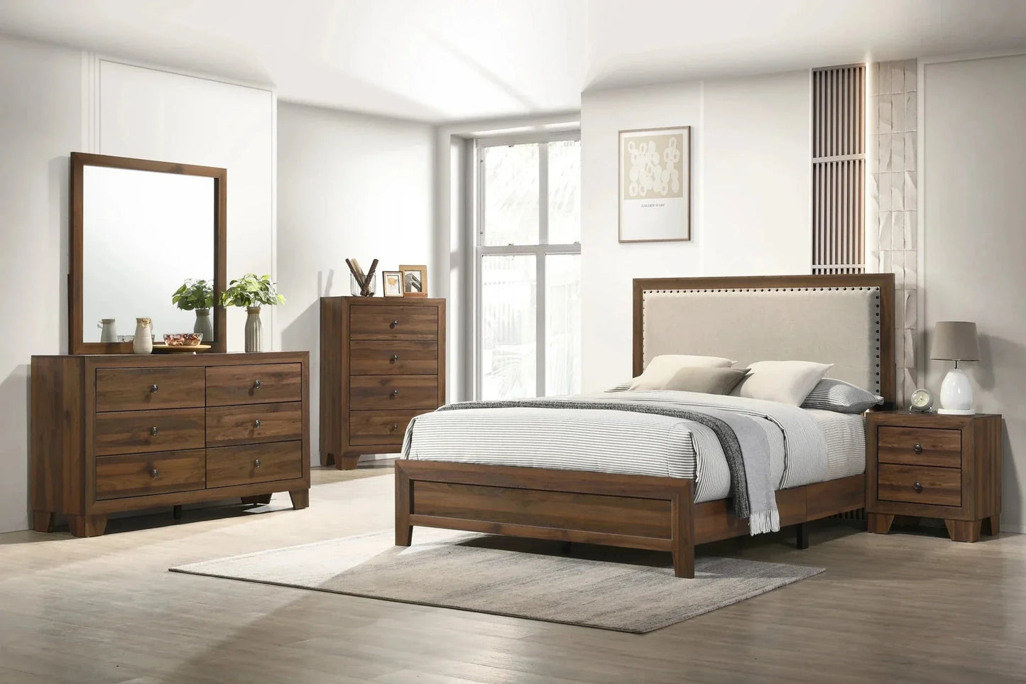 Millie 4 - Piece Bedroom Set – Upholstered Bed, Nightstand, Dresser & Mirror | Brown Cherry & Gray - George's Furniture