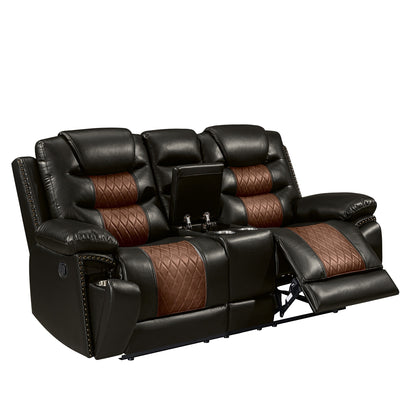 Nikko Brown manual reclining console loveseat with recliner and console open