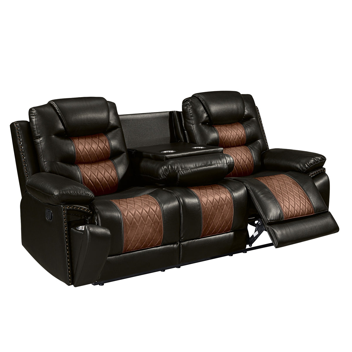 Nikko Brown manual dual reclining sofa with recliner and drop-down tray open