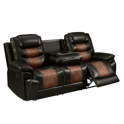 Nikko Brown manual dual reclining sofa with recliner and drop-down tray open