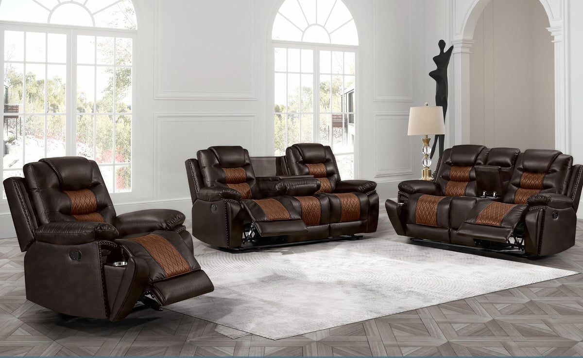 Nikko Brown motion reclining living room set with recliner loveseat and sofa