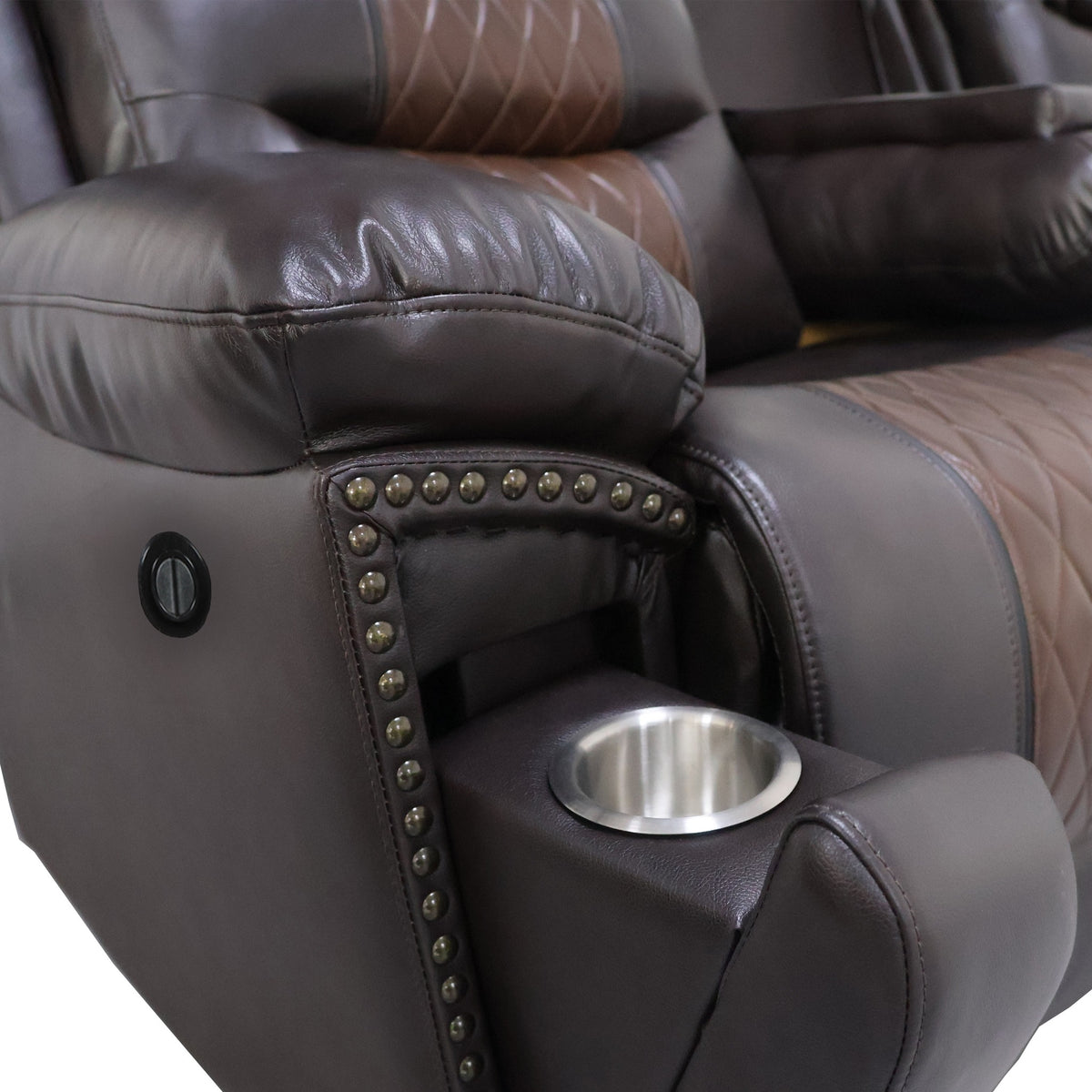 Nikko Brown power dual reclining sofa with recliner and drop-down tray open