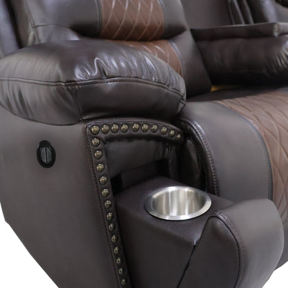 Nikko Brown power dual reclining sofa with recliner and drop-down tray open