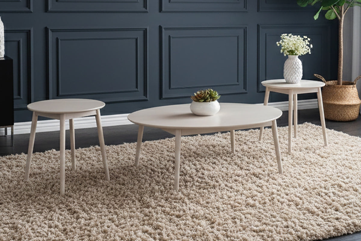 Nolan white 3-piece coffee and end table set with round coffee table and two matching end tables