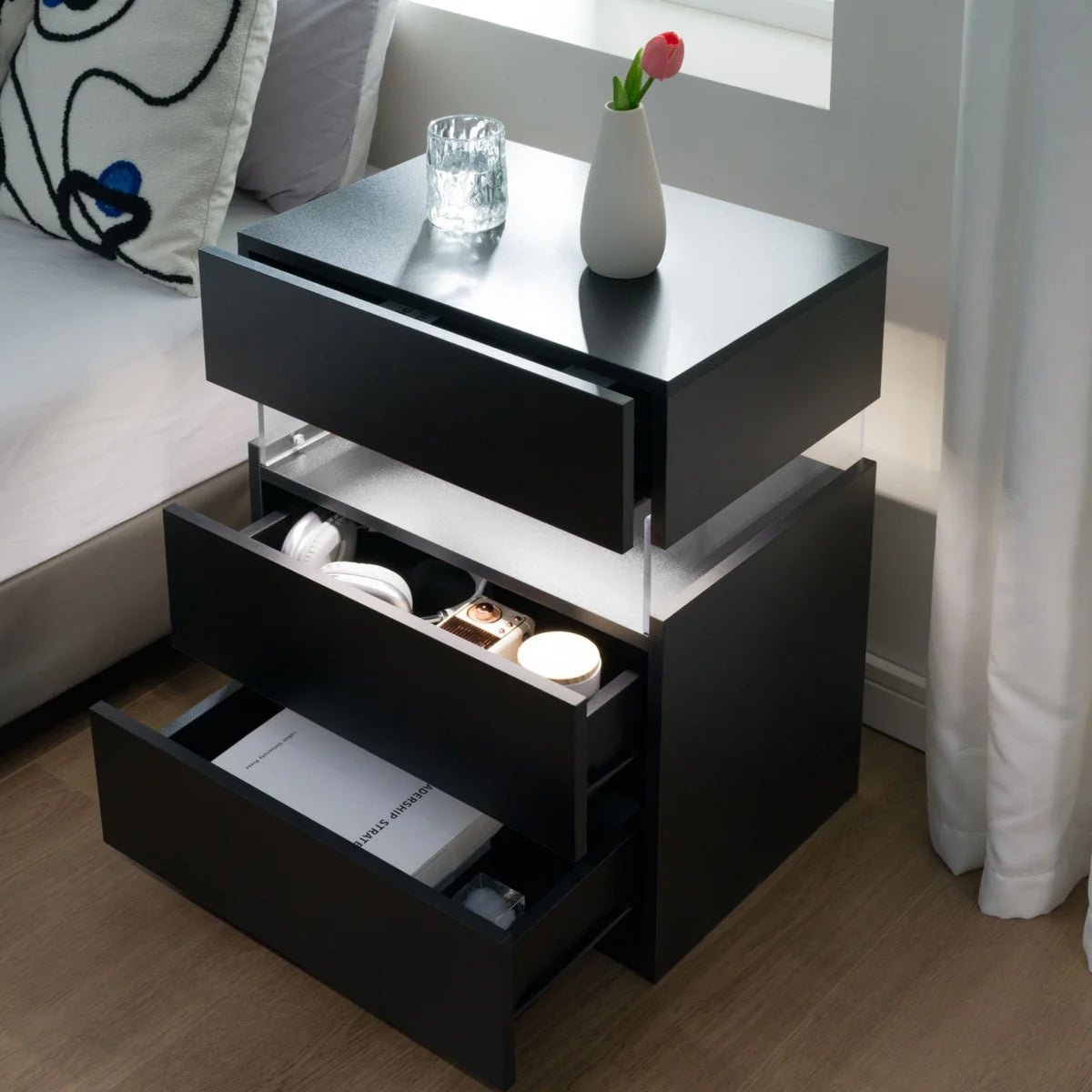 Nova LED Nightstand – 3 Drawer Modern Bedside Table with Adjustable LED Lighting - George's Furniture