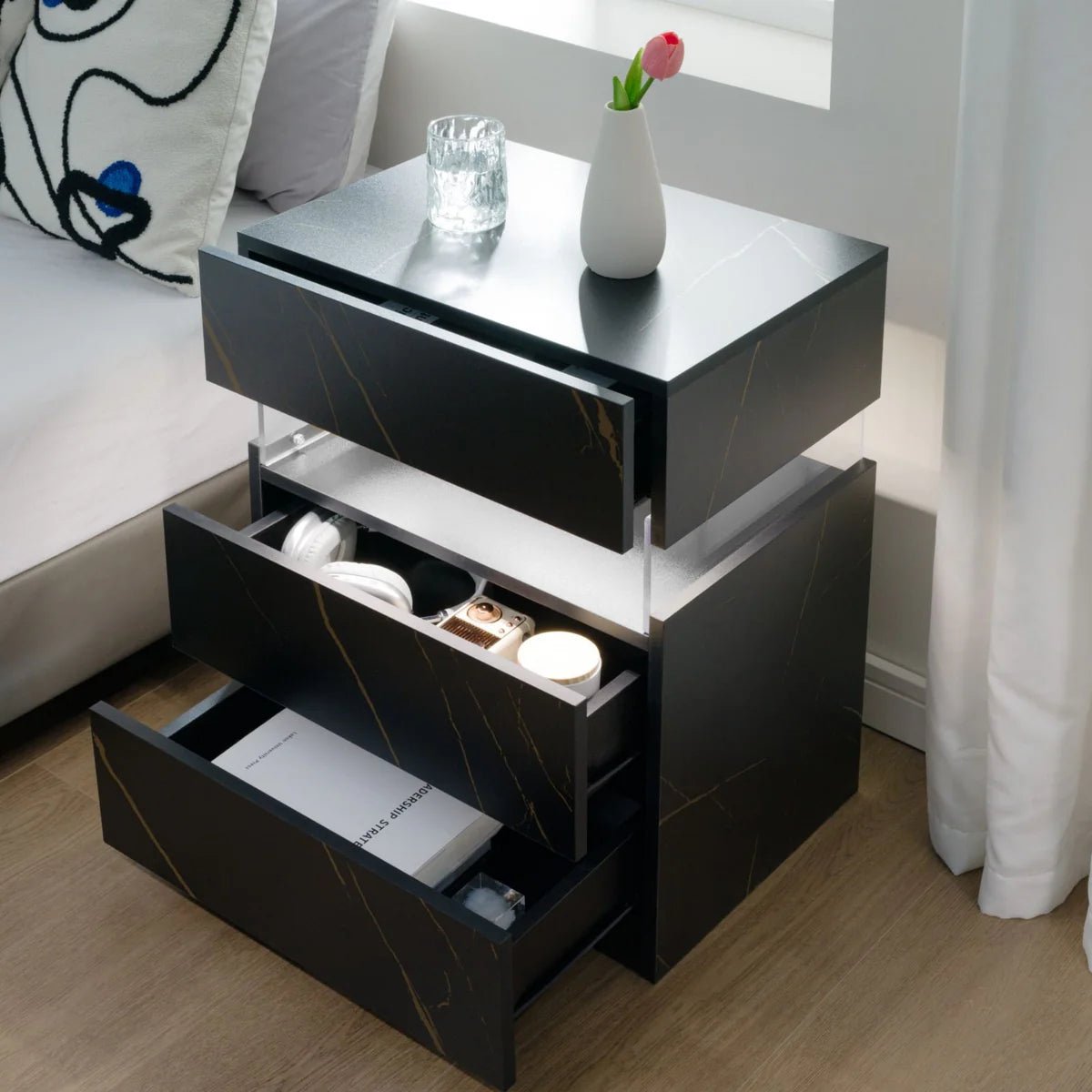 Nova LED Nightstand – 3 Drawer Modern Bedside Table with Adjustable LED Lighting - George's Furniture