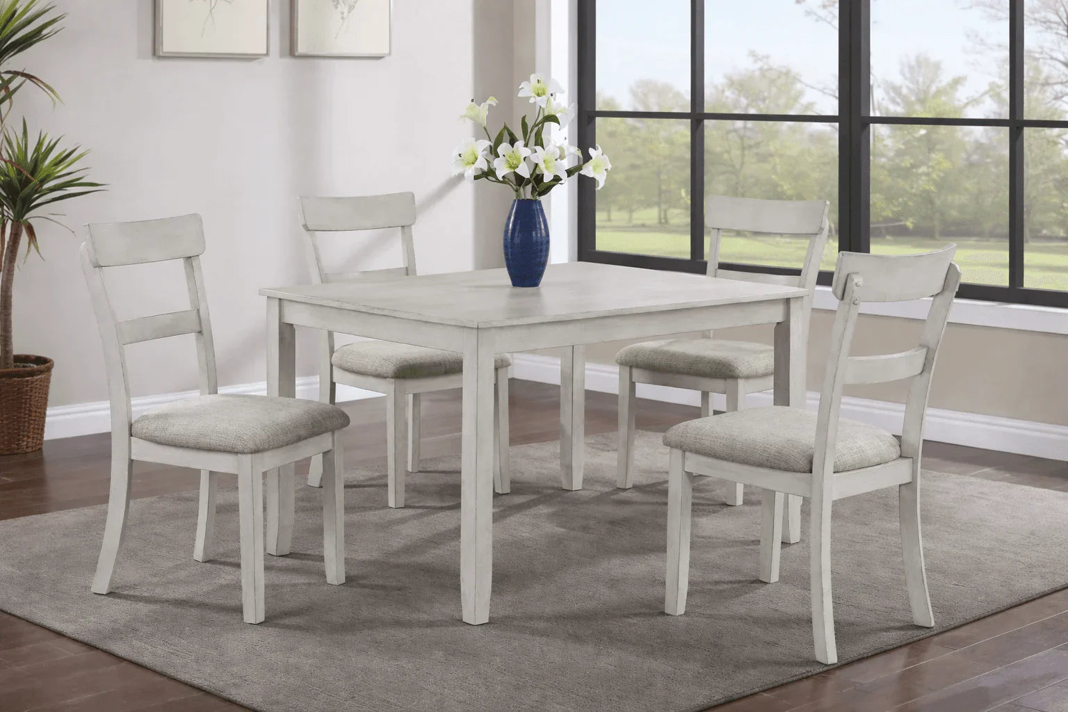 Sierra White 5 - Piece Dining Set – Farmhouse Wood Table with Upholstered Chairs - George's Furniture