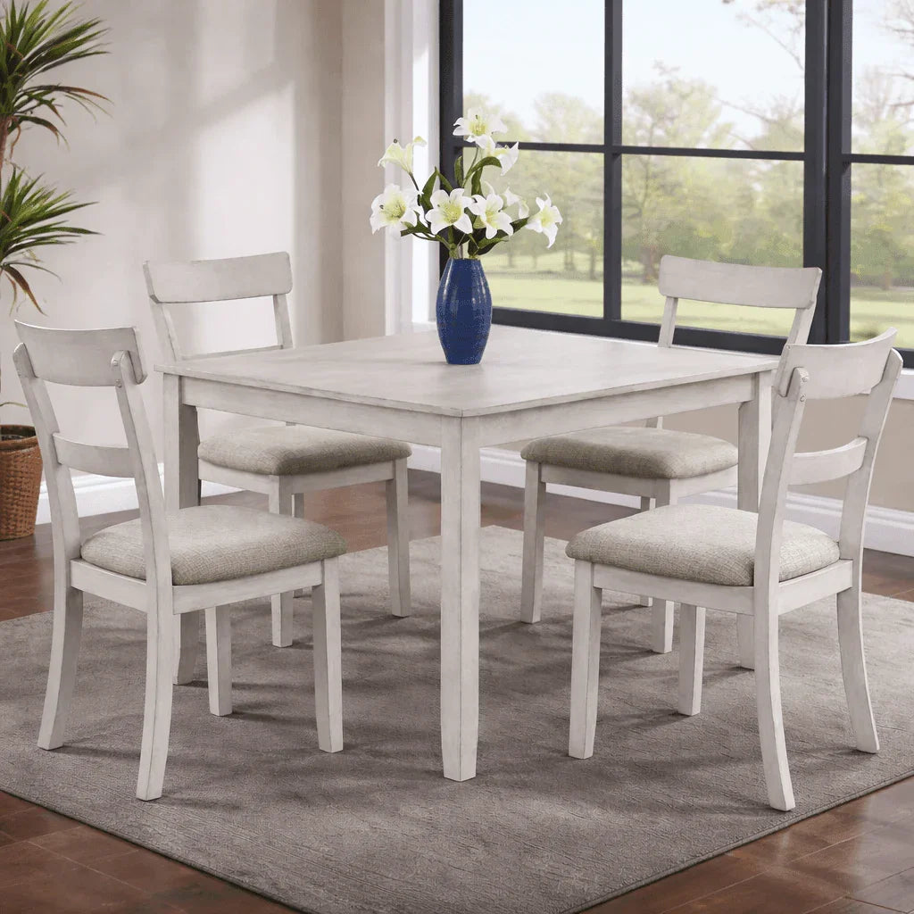 Sierra White 5 - Piece Dining Set – Farmhouse Wood Table with Upholstered Chairs - George's Furniture
