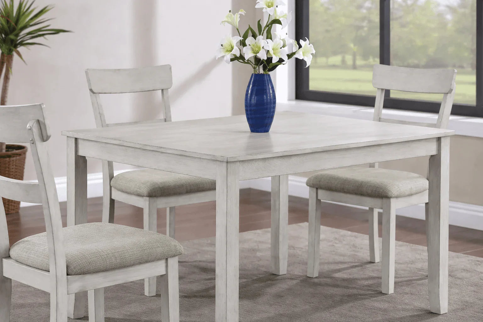 Sierra White 5 - Piece Dining Set – Farmhouse Wood Table with Upholstered Chairs - George's Furniture