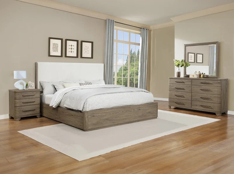 Veranda upholstered bed in a gray-brown wood finish shown in a styled bedroom