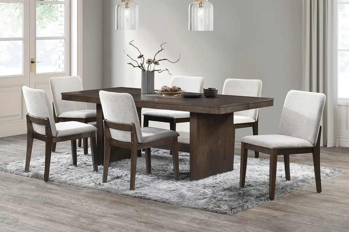 Westhaven rectangle dark walnut dining set with Cream upholstered chairs — lifestyle photo