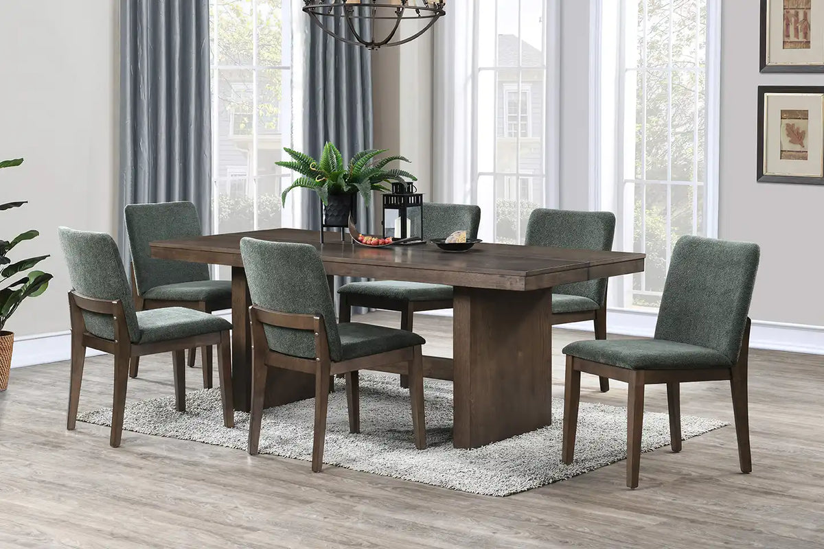 Westhaven rectangle dark walnut dining set with Forest Green upholstered chairs — lifestyle photo