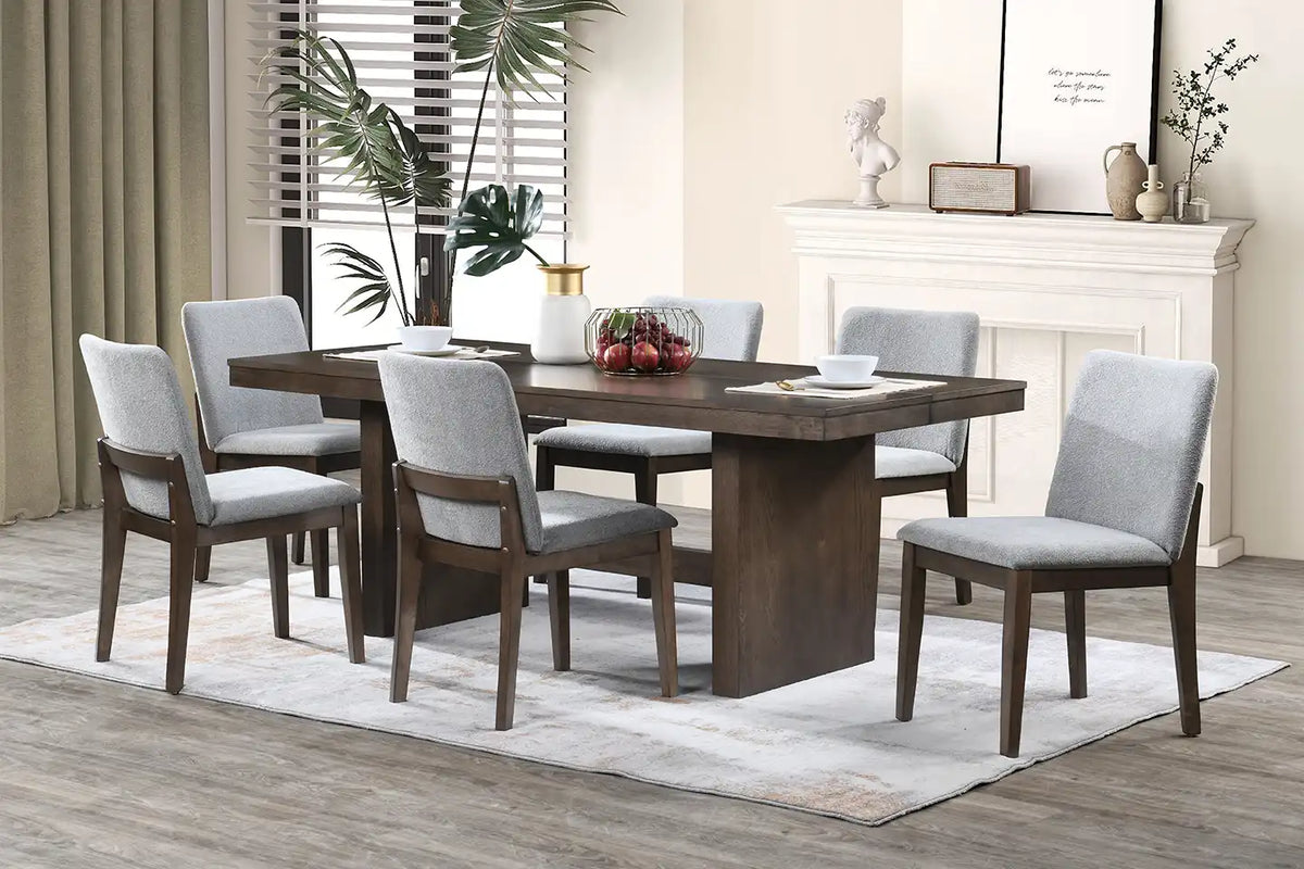 Westhaven rectangle dark walnut dining set with Stone Gray upholstered chairs — lifestyle photo