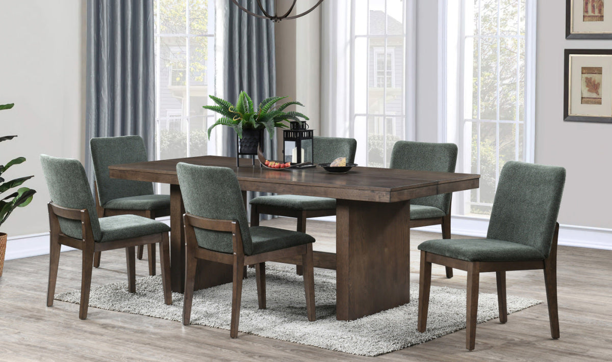 Westhaven rectangular dining set with six forest green upholstered chairs, dark walnut table, lifestyle view