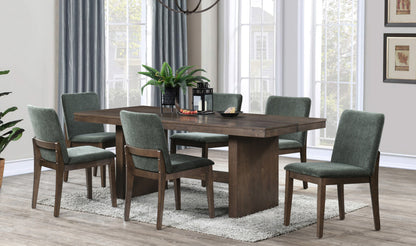 Westhaven rectangular dining set with six forest green upholstered chairs, dark walnut table, lifestyle view
